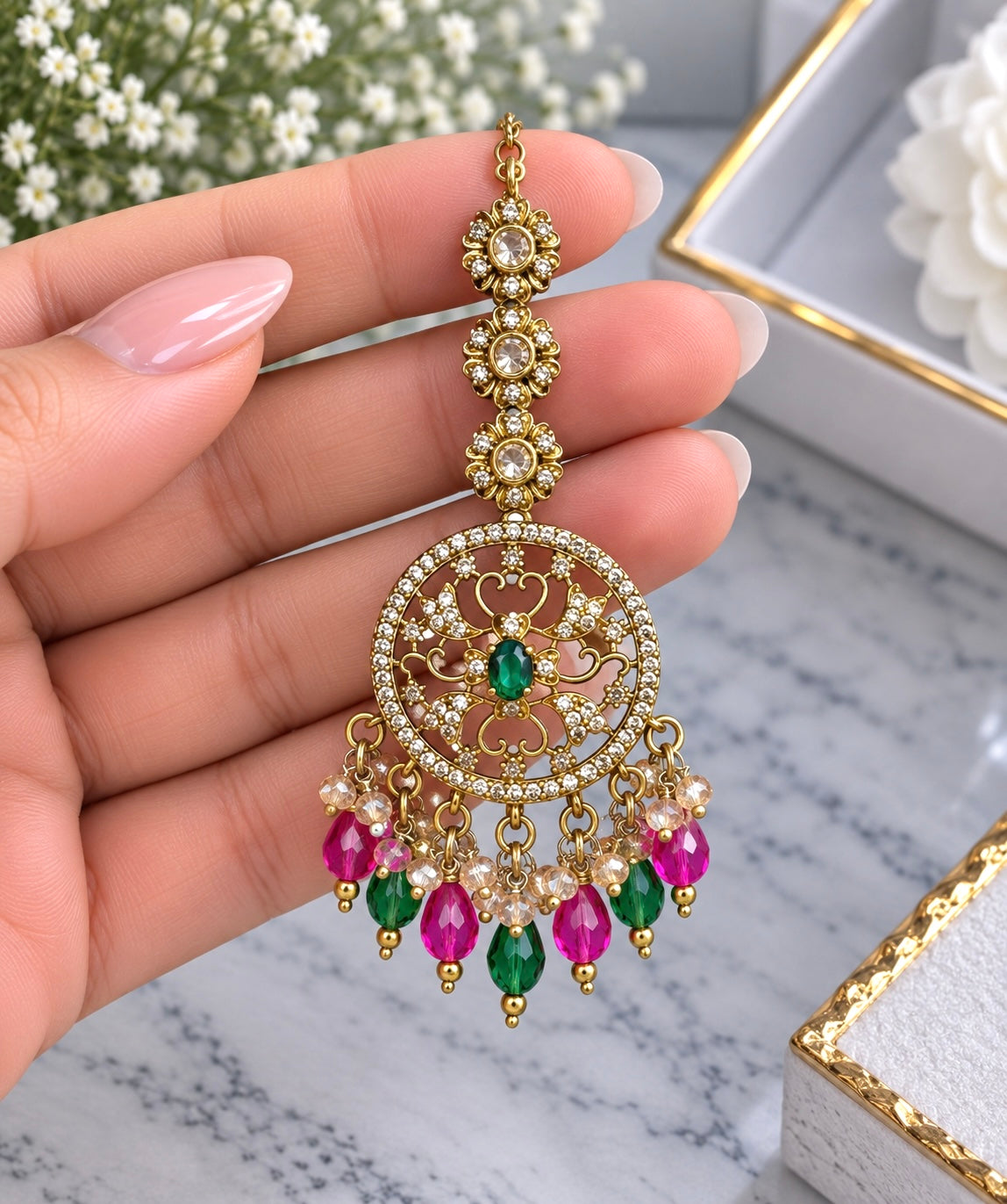 Aashna Premium Moissanite Kundan Earrings & Tikka