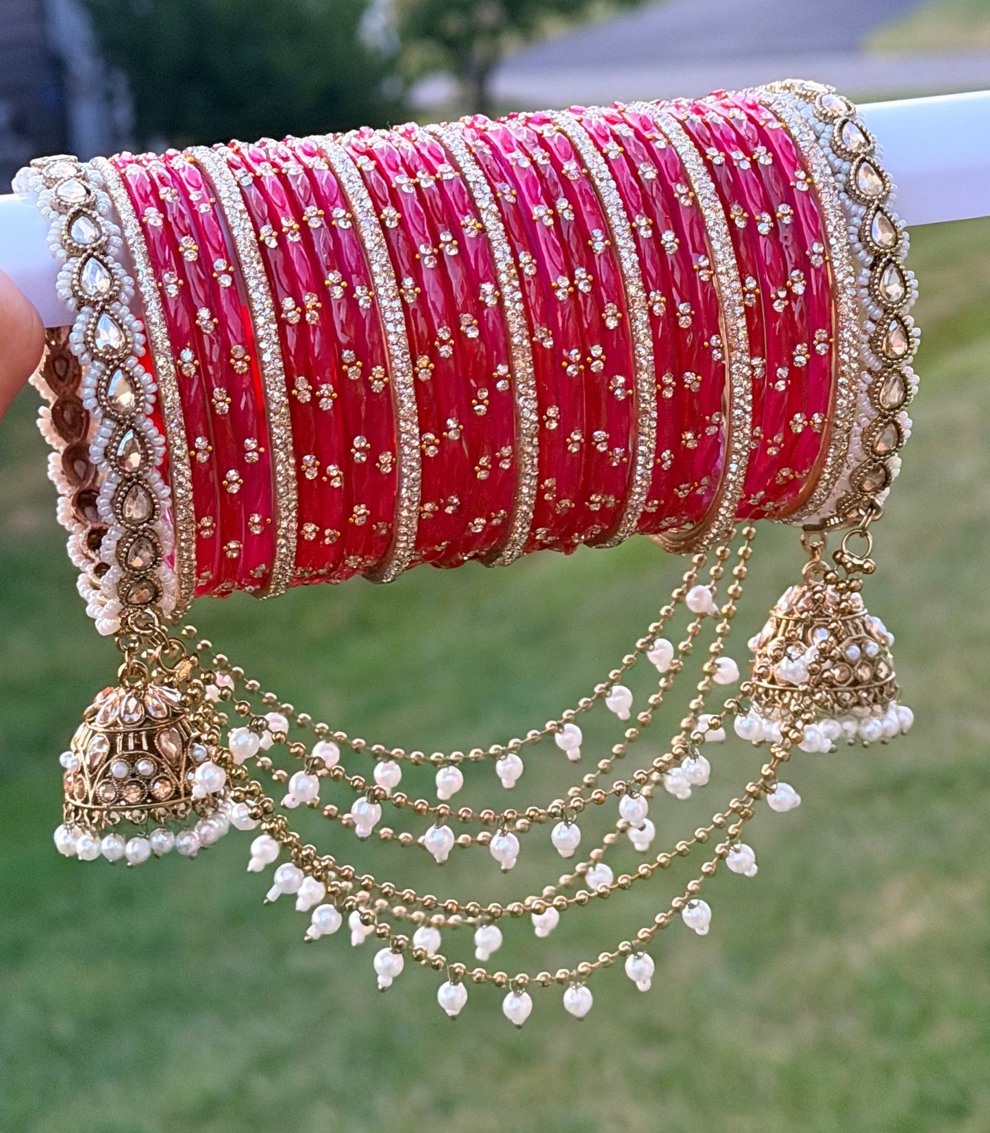 Rashmi Hanging Bangle Set-Mix Color of Red & Magenta