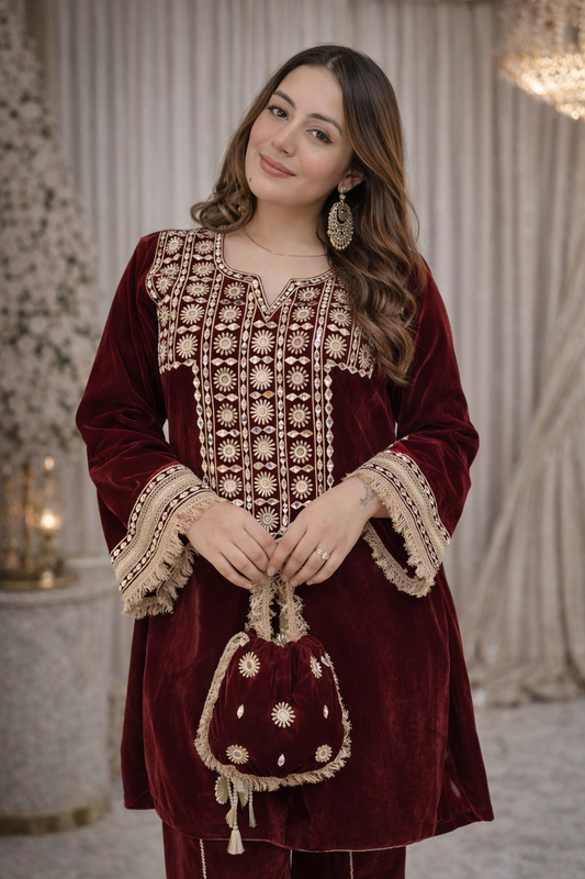 Maroon Party Wear Embroidered with Sequin Work Cord Set with matching Bag