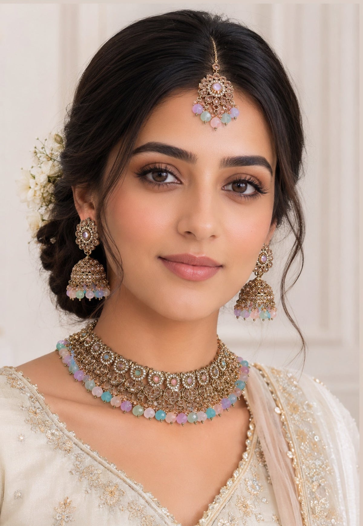 Raunak Polki Style Necklace Set with Jhumkis