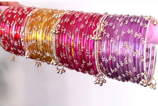 Nadia Glass Bangle Set-Set Includes 12 Glass Bangles & 2 Sparkly Kashmiri Ghungroo Bangles