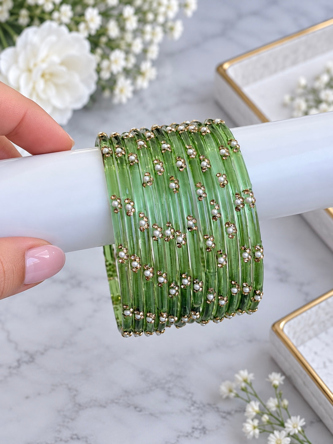 Mohabbat Pearl Glass Bangle Set