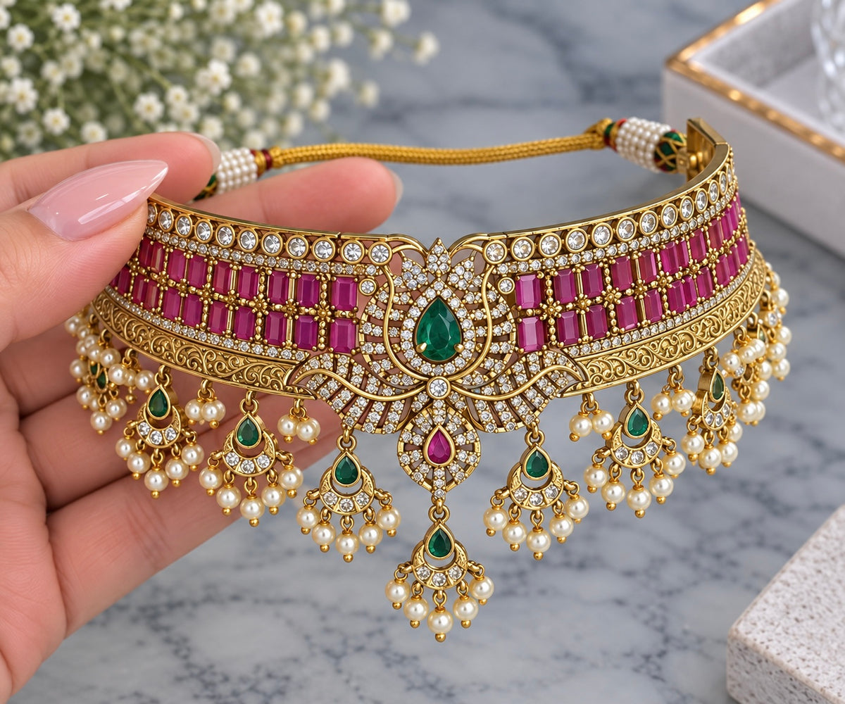Janvi Gold Plated Kemp Style Necklace Set With Jhumkis