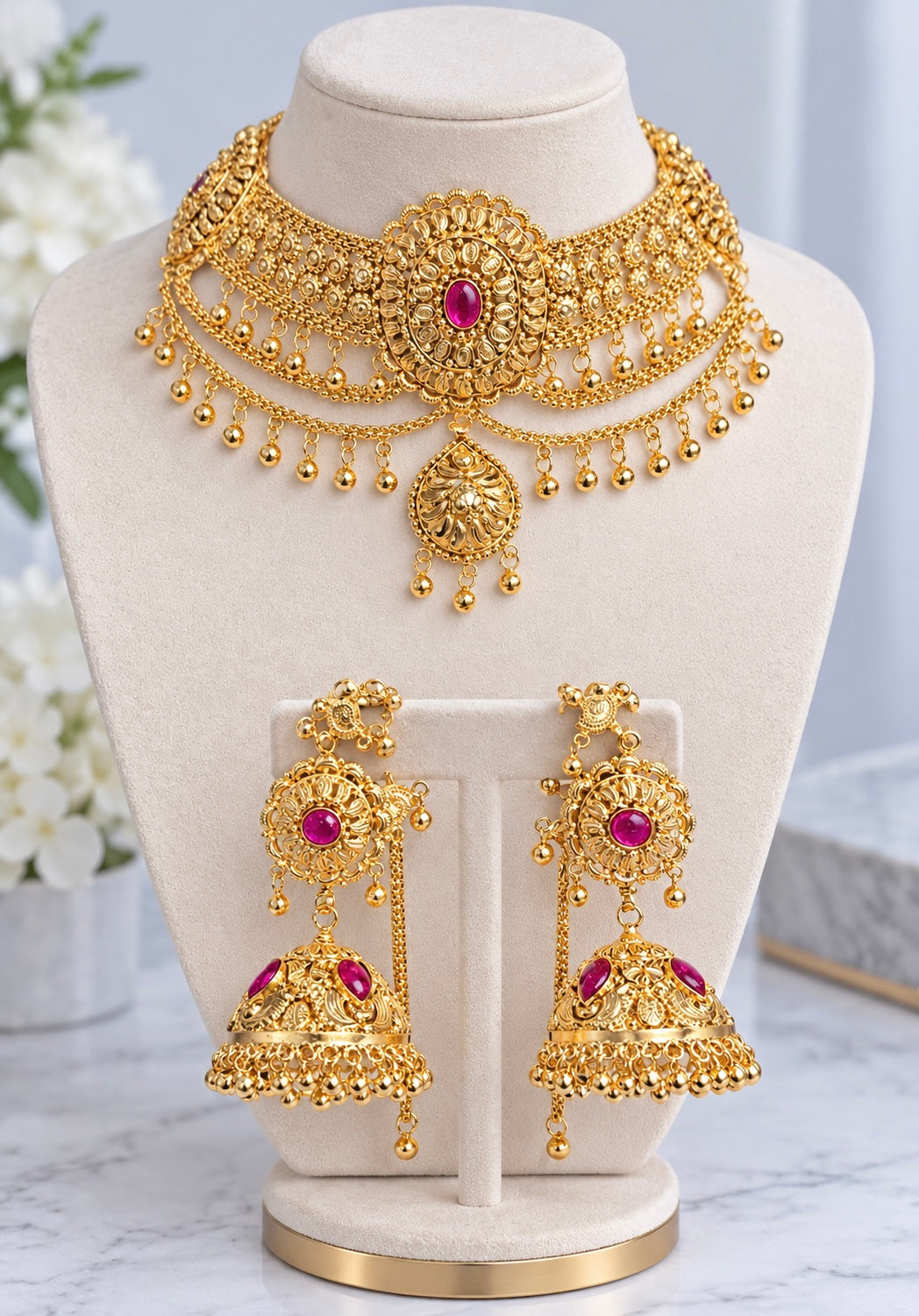 Veena Premium Gold Plated Necklace Set with Sahara Jhumkis (Back in Stock)