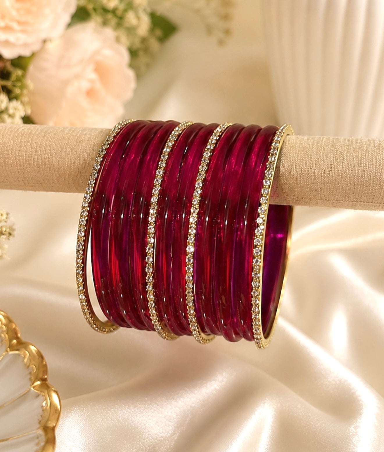Nia Glossy Glass Bangles with Rhinestone Bangles Set