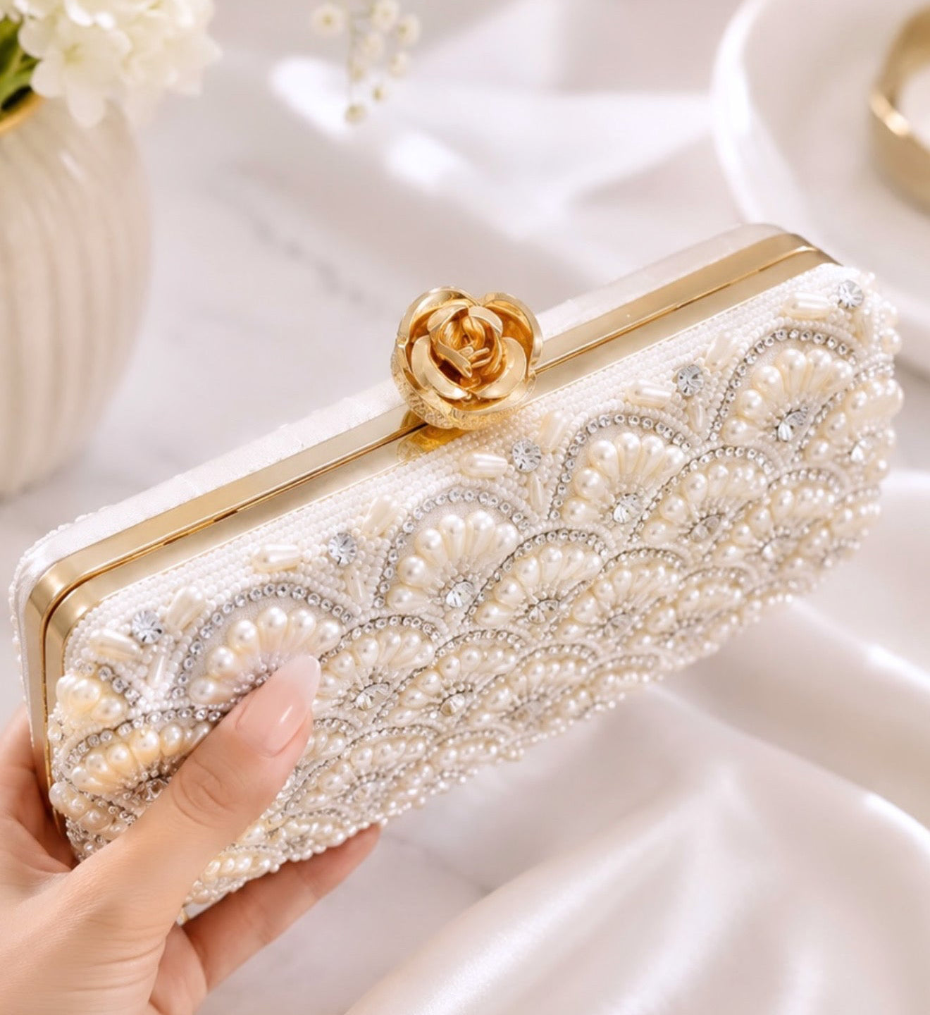 Zahra Premium Quality Pearl Work Clutch with Detachable Chain Included