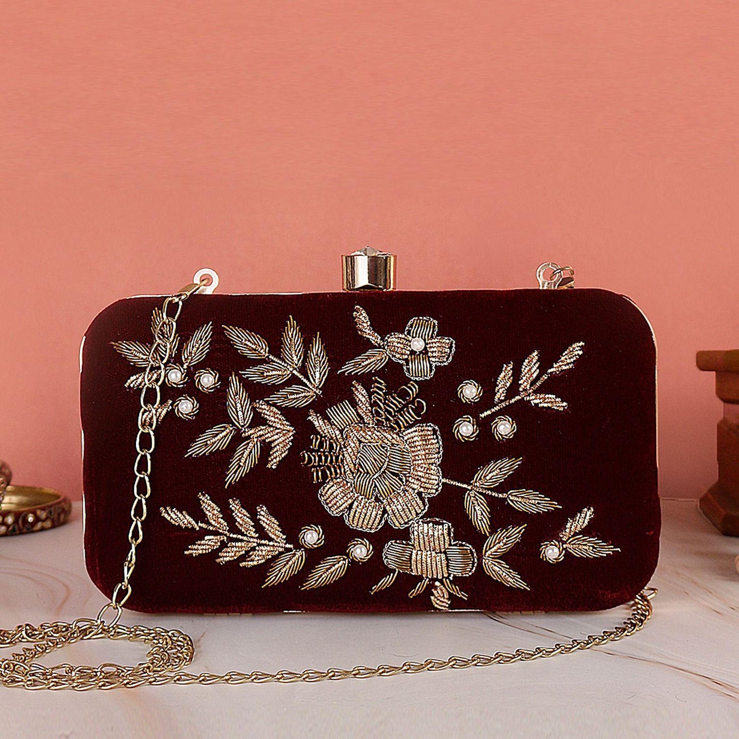 Maroon Embroidered Clutch