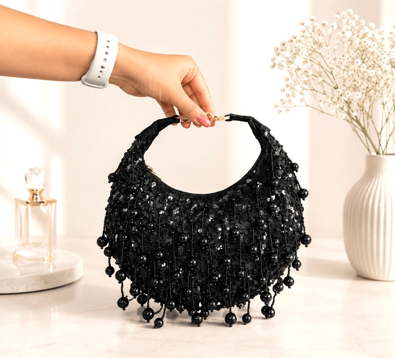 Mariam Sequin Embroidered With Pearls Clutch
