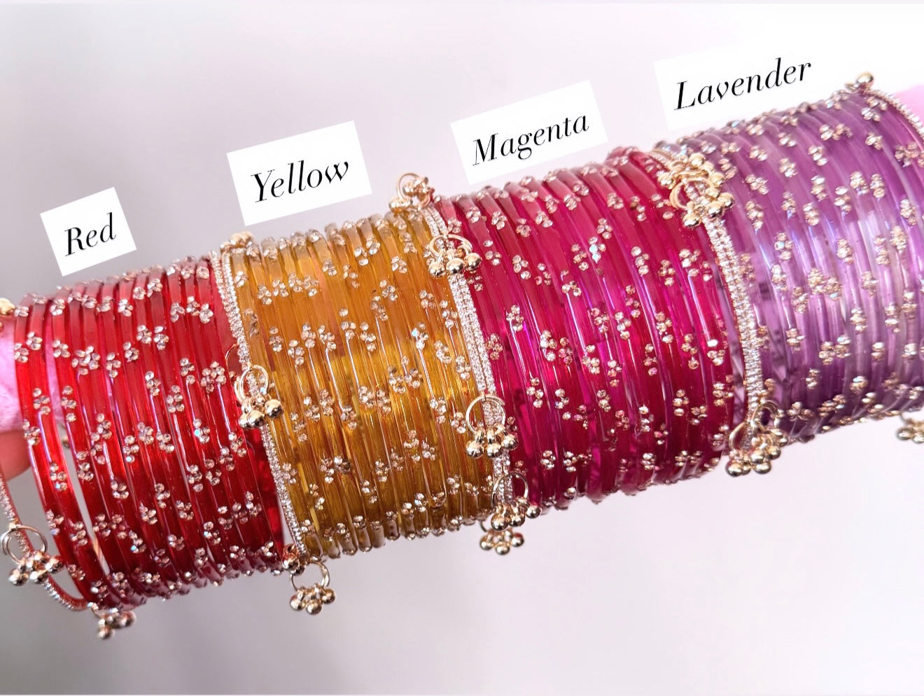 Nadia Glass Bangle Set-Set Includes 12 Glass Bangles & 2 Sparkly Kashmiri Ghungroo Bangles