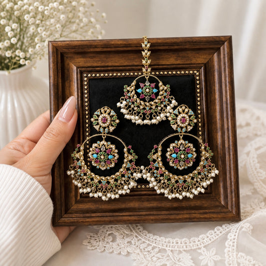 Pakistani Jadau Style Earrings & Tikka Set