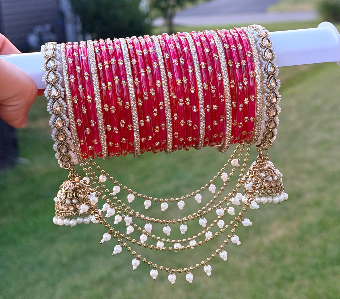Rashmi Hanging Bangle Set-Mix Color of Red & Magenta