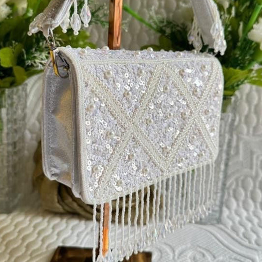 Party Wear White Sequined Purse