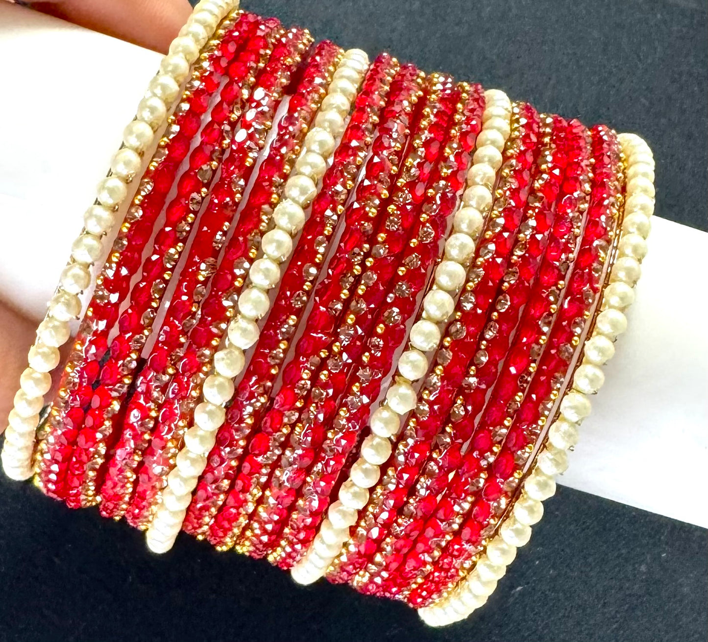 Red & Golden With Pearls Bangle Set