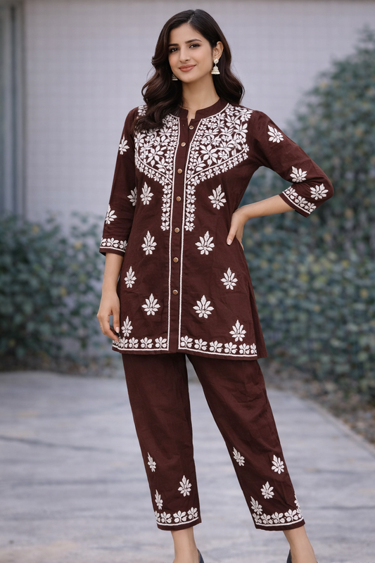 Brown Short Kurti with Pants Set