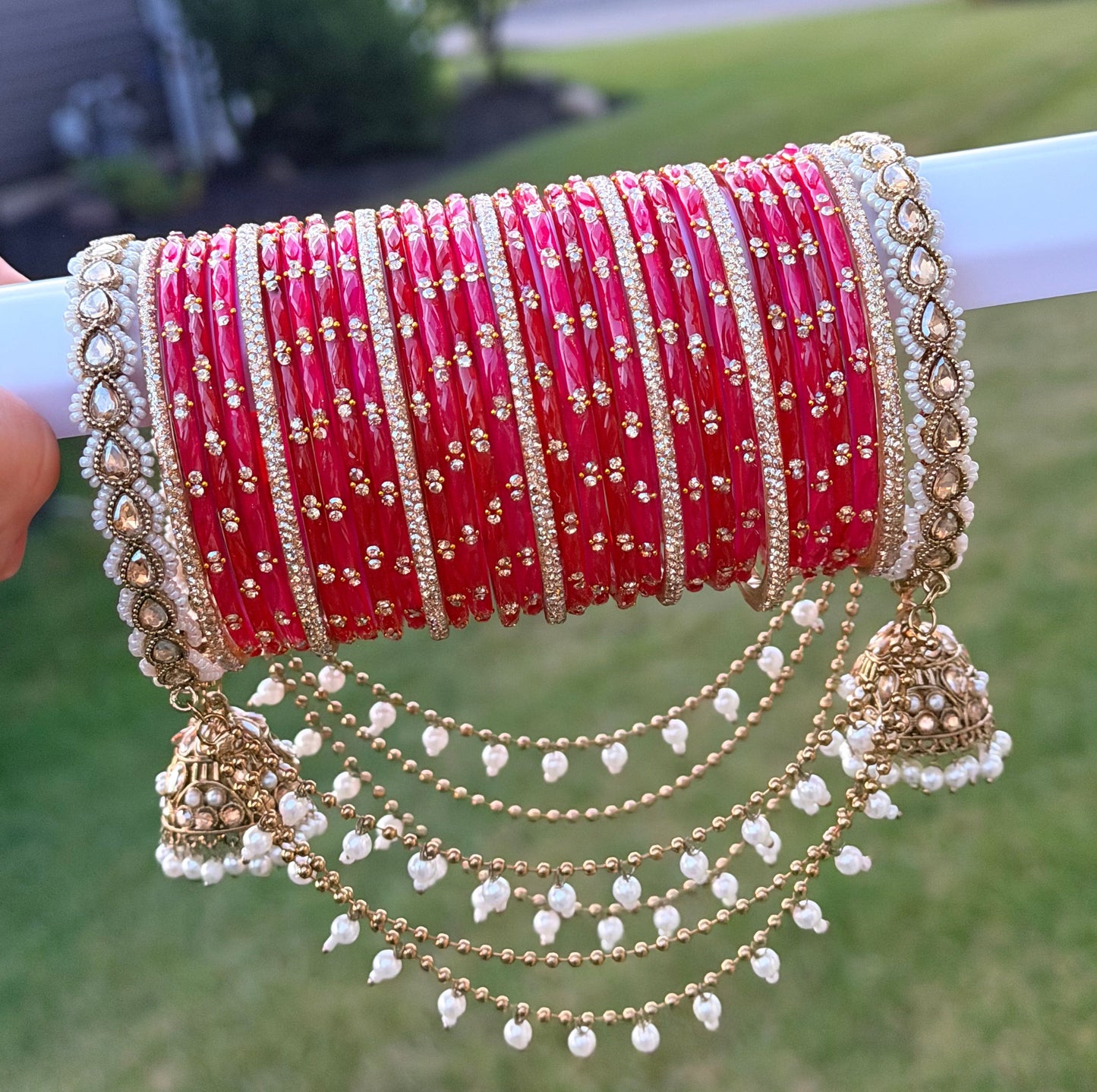 Rashmi Hanging Bangle Set-Mix Color of Red & Magenta