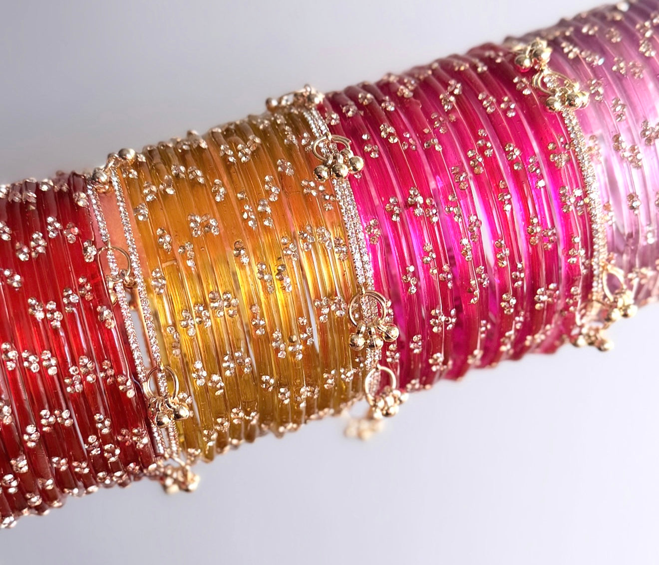 Nadia Glass Bangle Set-Set Includes 12 Glass Bangles & 2 Sparkly Kashmiri Ghungroo Bangles
