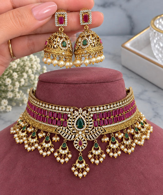 Janvi Gold Plated Kemp Style Necklace Set With Jhumkis