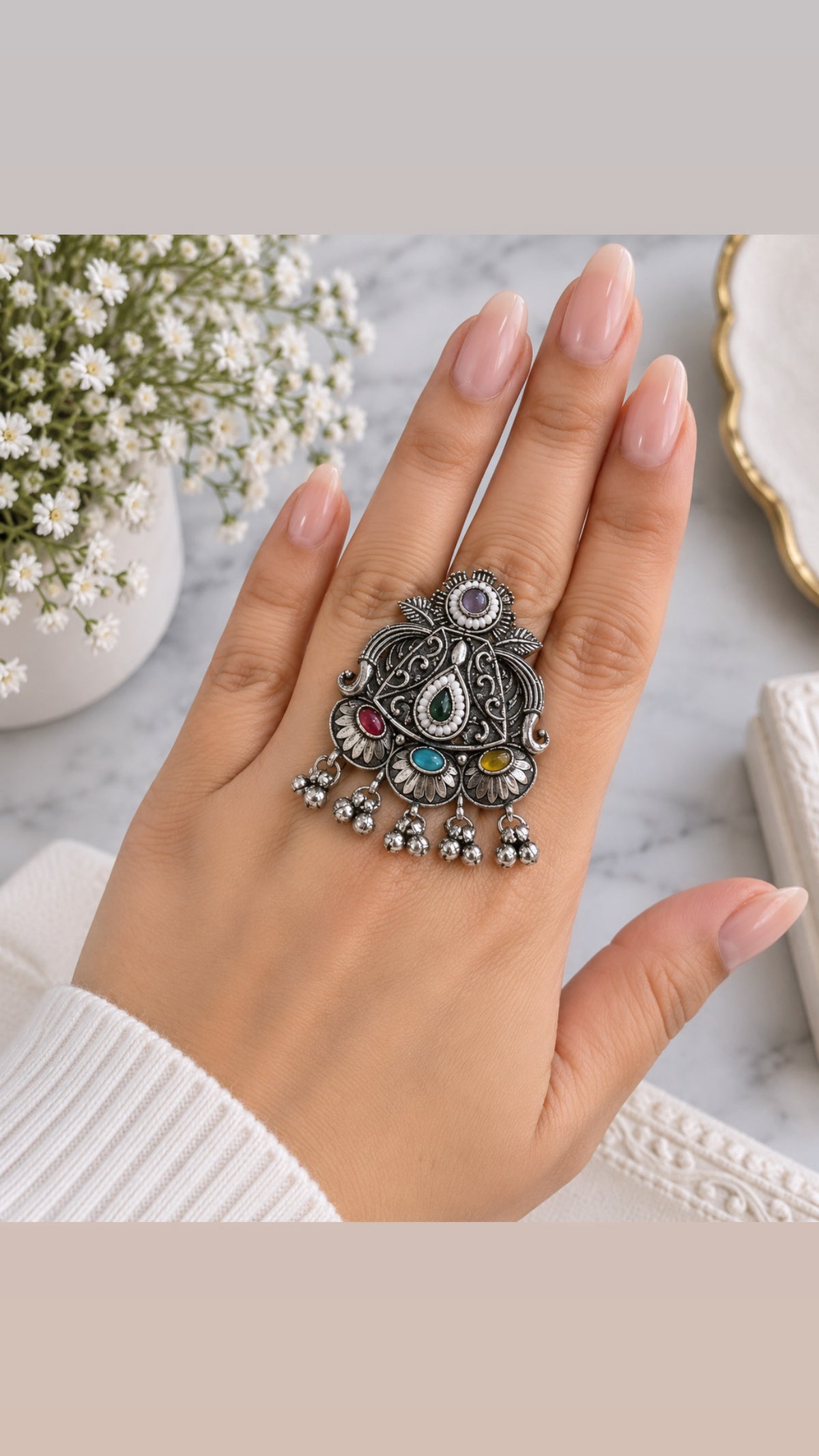 Isabel Oxidized Adjustable Ghungroo Ring