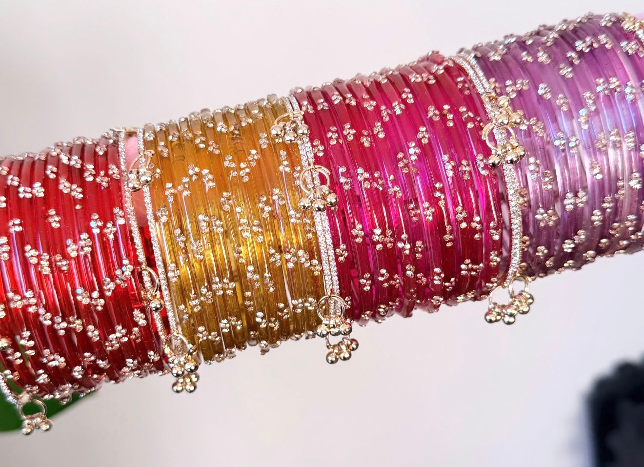 Nadia Glass Bangle Set-Set Includes 12 Glass Bangles & 2 Sparkly Kashmiri Ghungroo Bangles