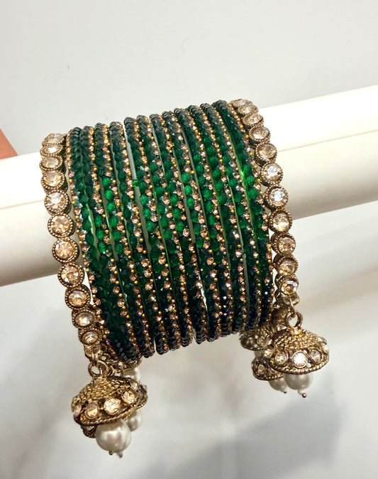 Dark Green Glass Bangles with Pearl Hanging Kade