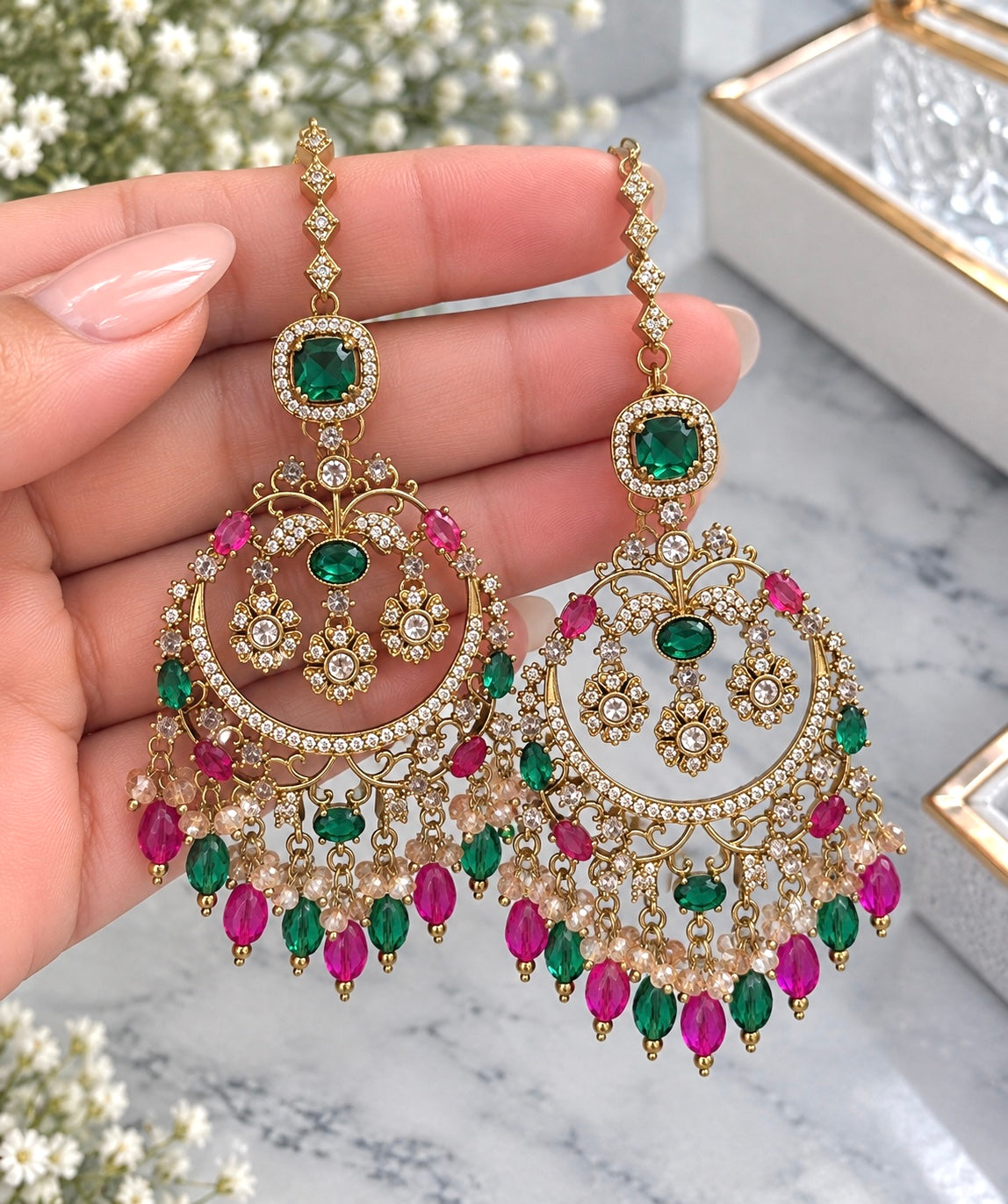 Aashna Premium Moissanite Kundan Earrings & Tikka