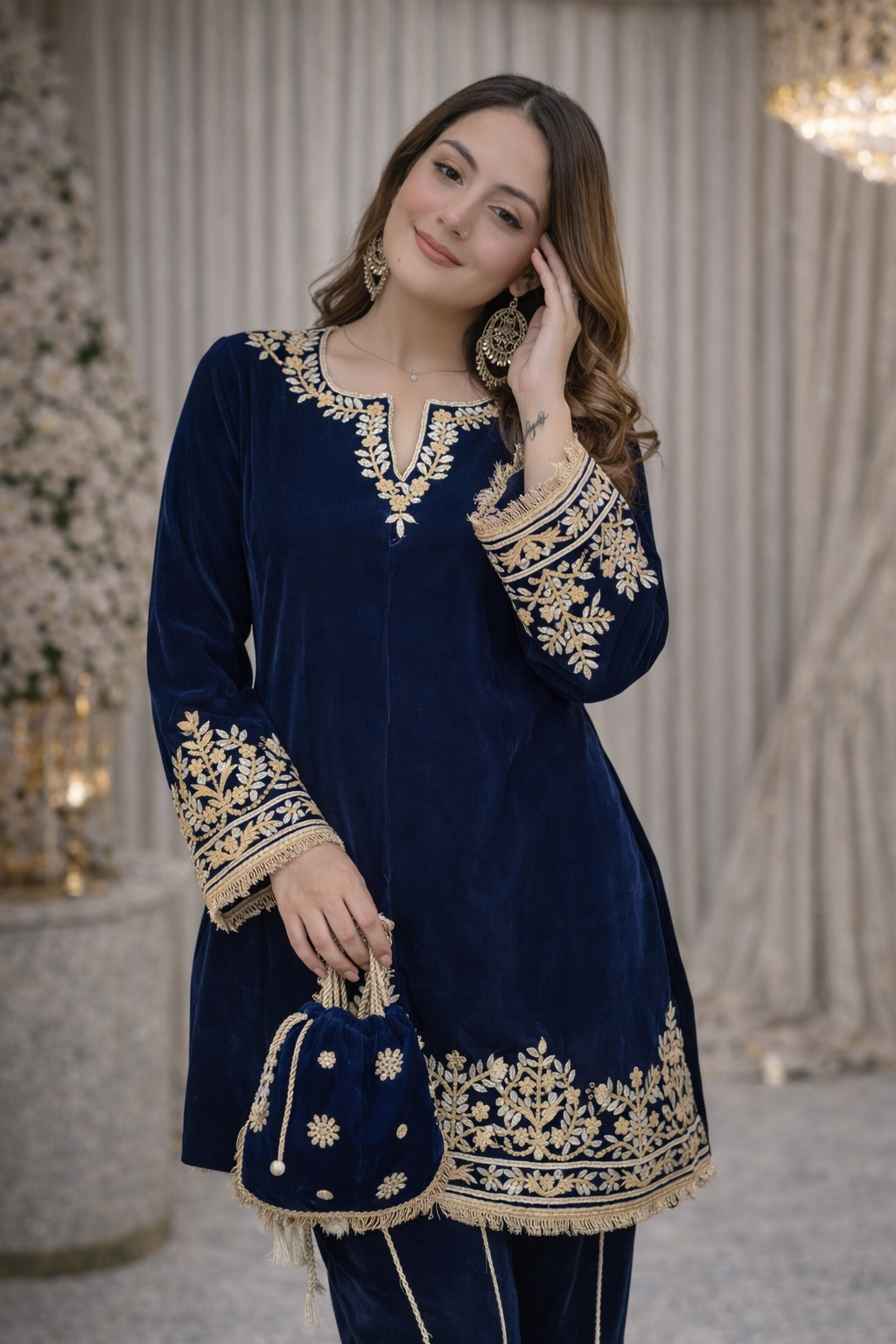 Navy Blue Party Wear Embroidered with Sequin Work Cord Set with Matching Bag