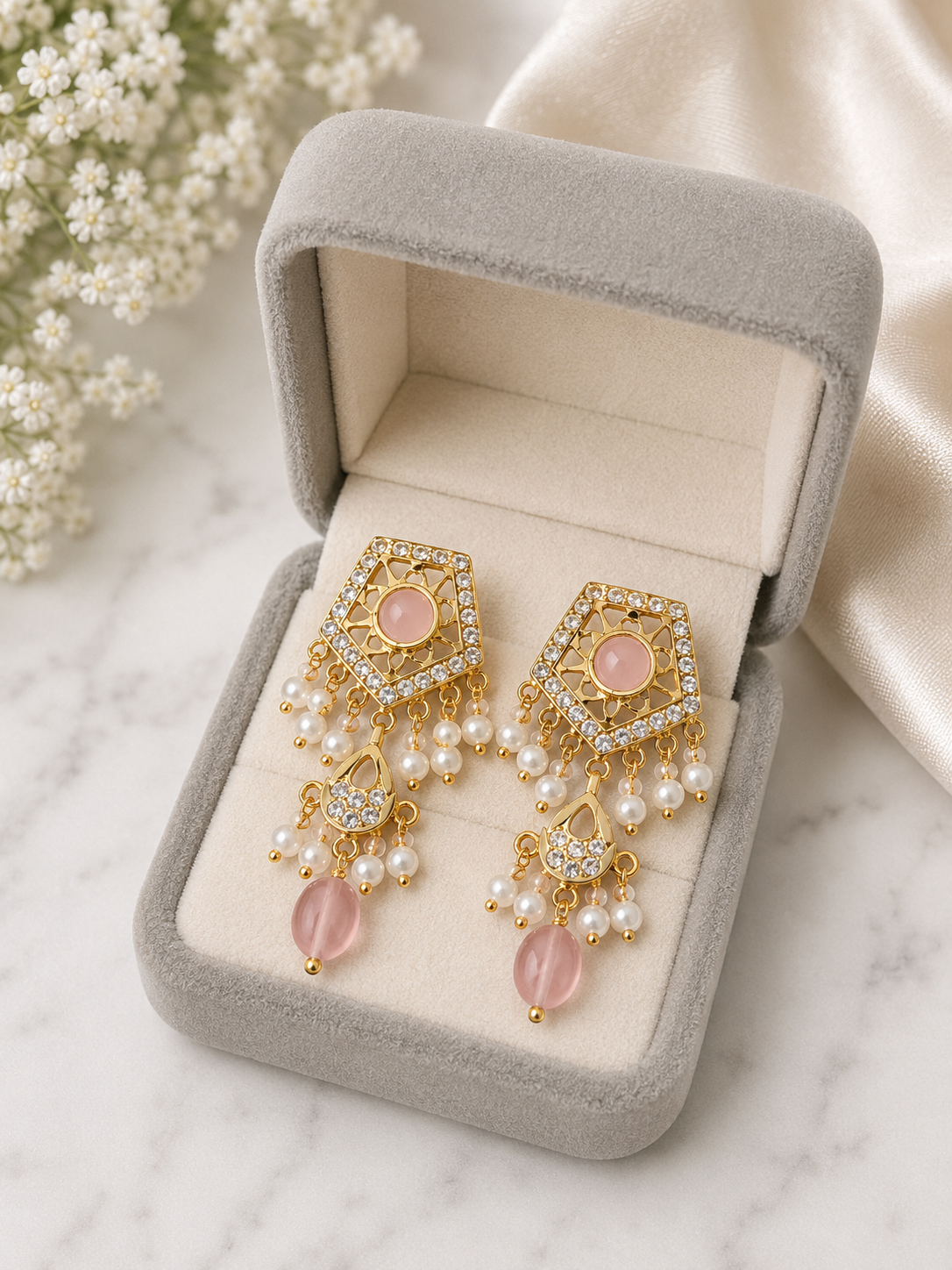 Jadau Premium Earrings in Baby Pink