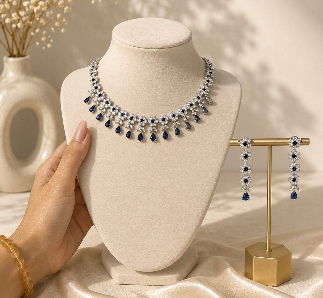 Navy Blue and Silver Lightweight Necklace Set