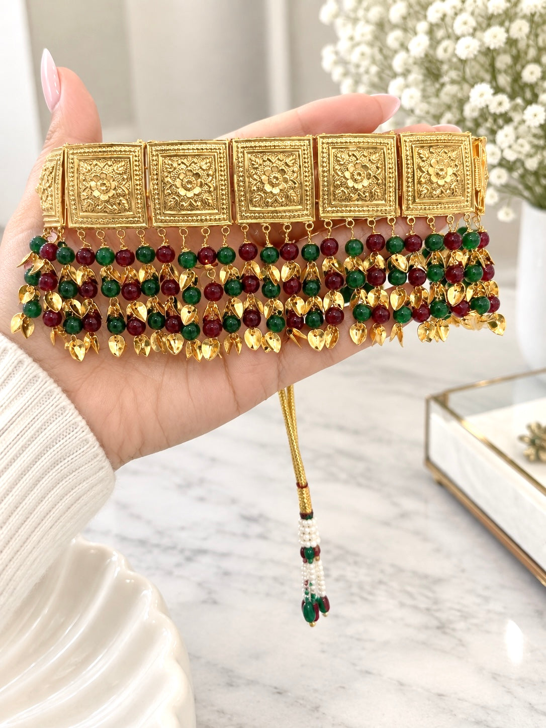 Palak Jadau Choker Set with Earrings & Tikka