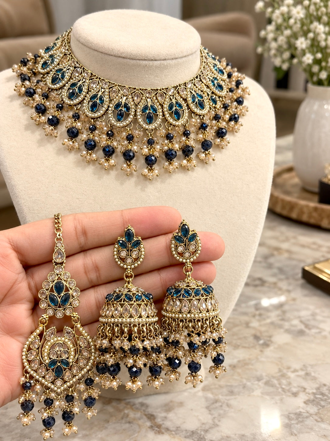 Sia Polki Style Necklace Set with Jhumkis & Tikka