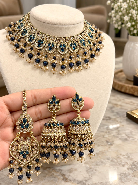 Sia Polki Style Necklace Set with Jhumkis & Tikka