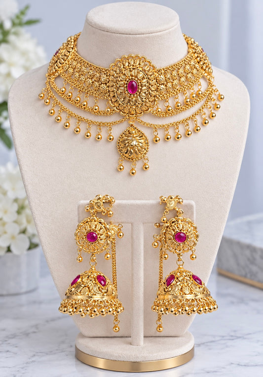 Veena Premium Gold Plated Necklace Set with Sahara Jhumkis (Back in Stock)