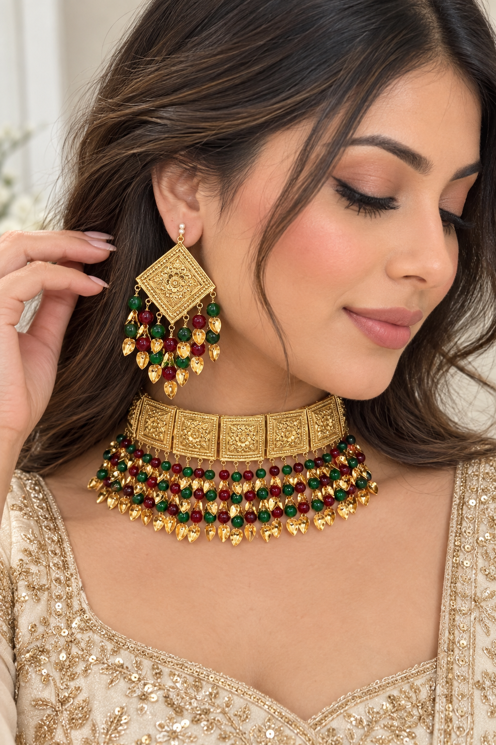 Palak Jadau Choker Set with Earrings & Tikka