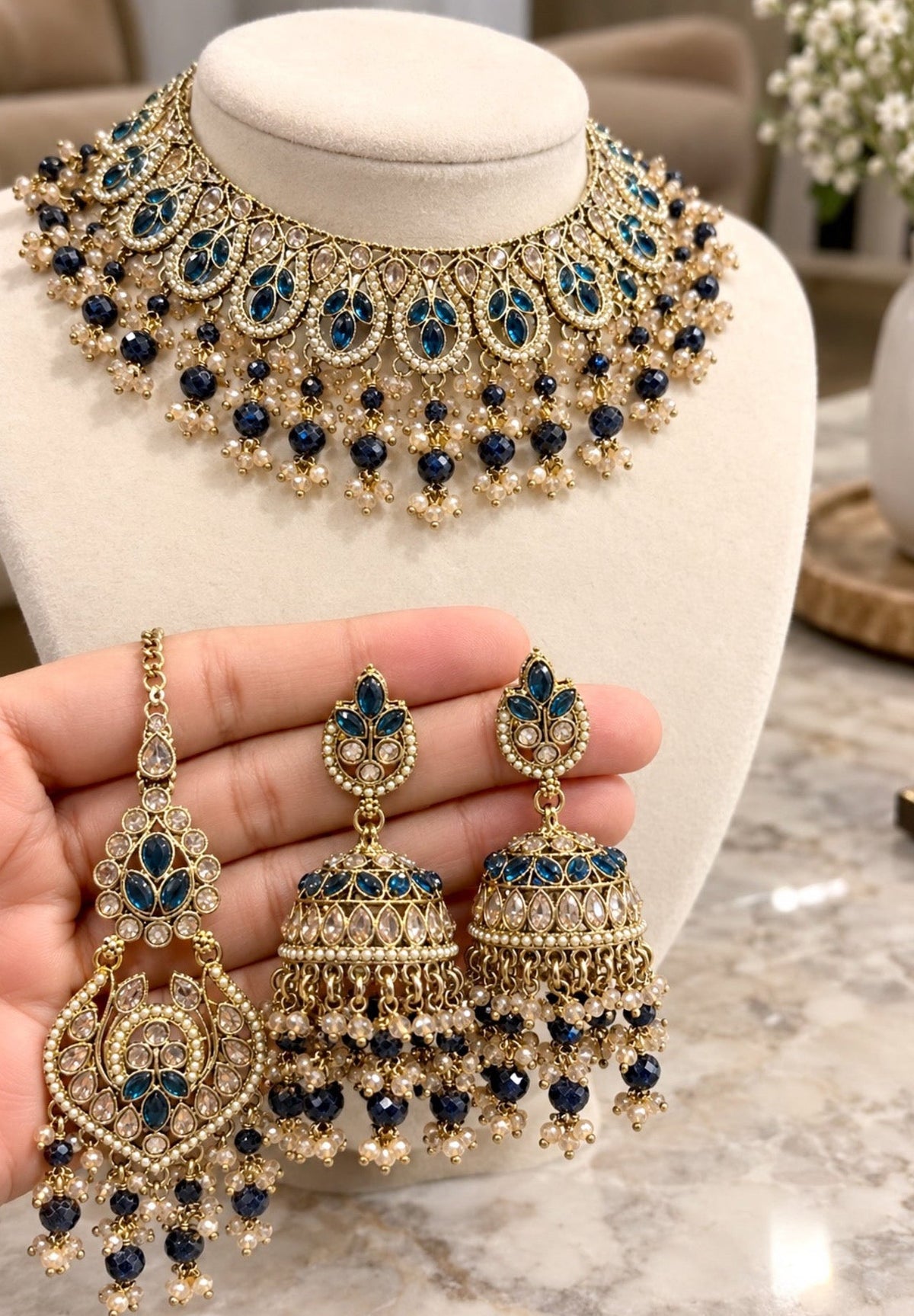 Sia Polki Style Necklace Set with Jhumkis & Tikka