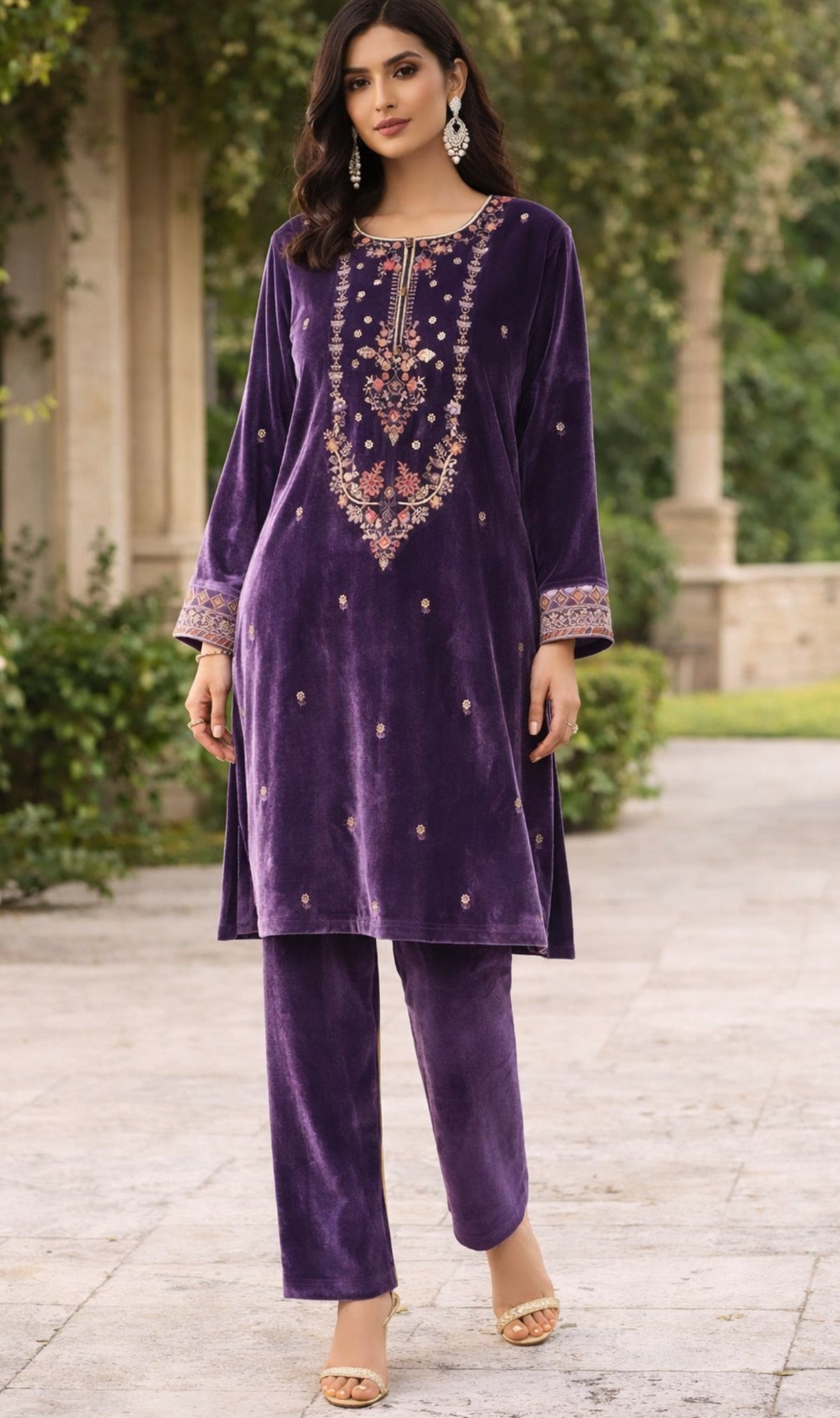 Purple Embroidered Velvet Cord Set