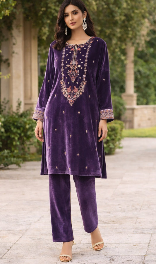 Purple Embroidered Velvet Cord Set