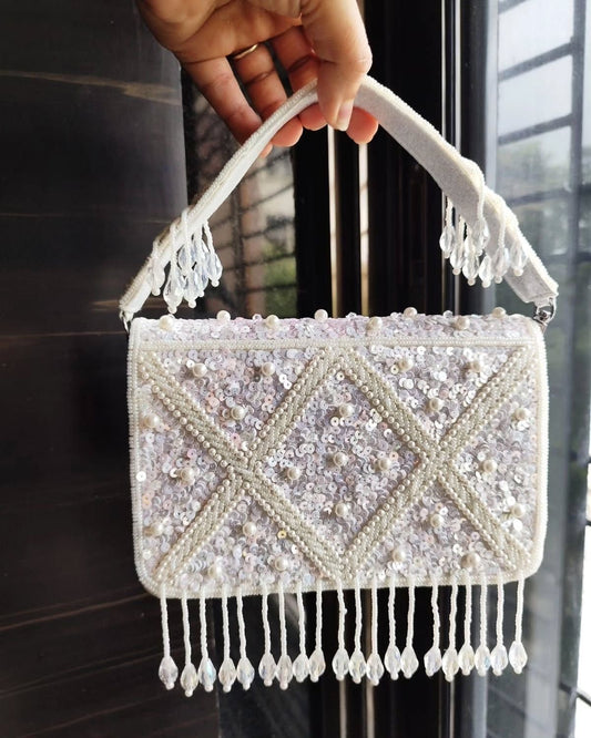 Party Wear White Sequined Purse