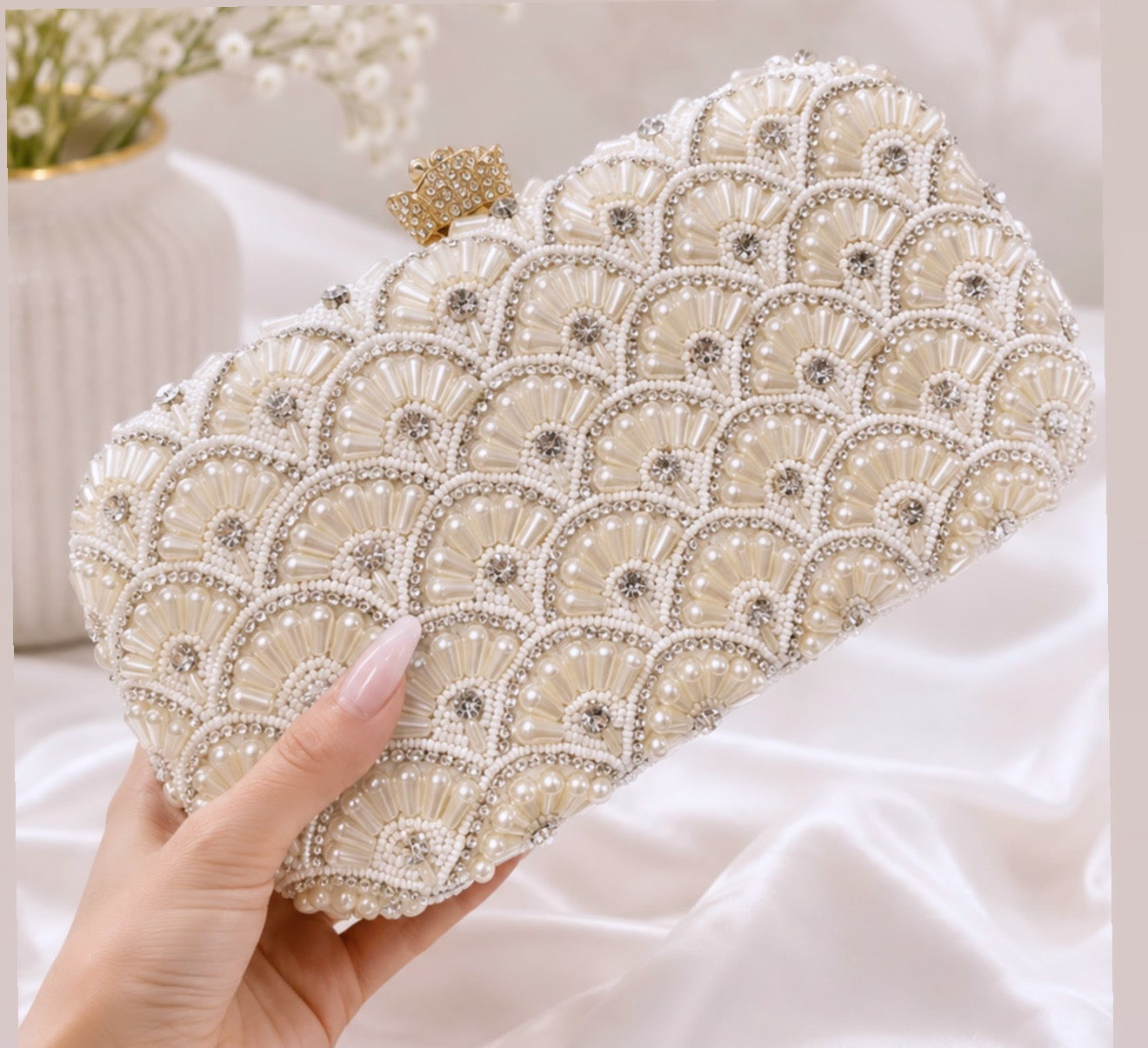 Zahra Premium Quality Pearl Work Clutch with Detachable Chain Included