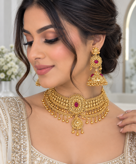 Veena Premium Gold Plated Necklace Set with Sahara Jhumkis (Back in Stock)