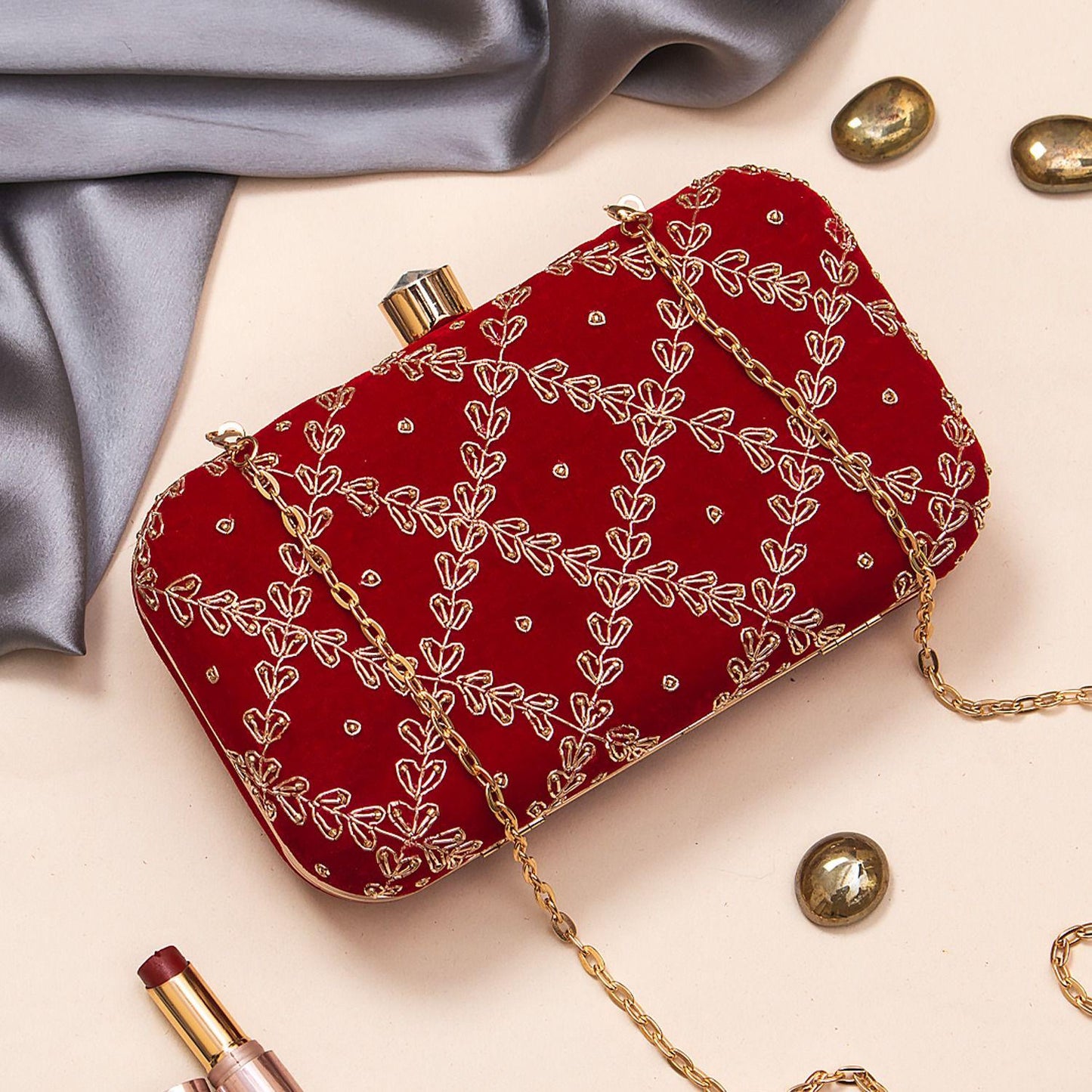 Rani Red Embroidered Velvet Clutch