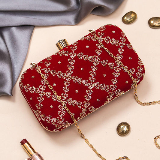 Rani Red Embroidered Velvet Clutch